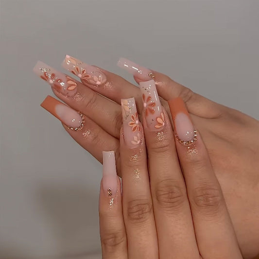 Enchanting Floral Dream Extra Long Square Ombre Peach Press On Nail Set with Charming Glitter Accents