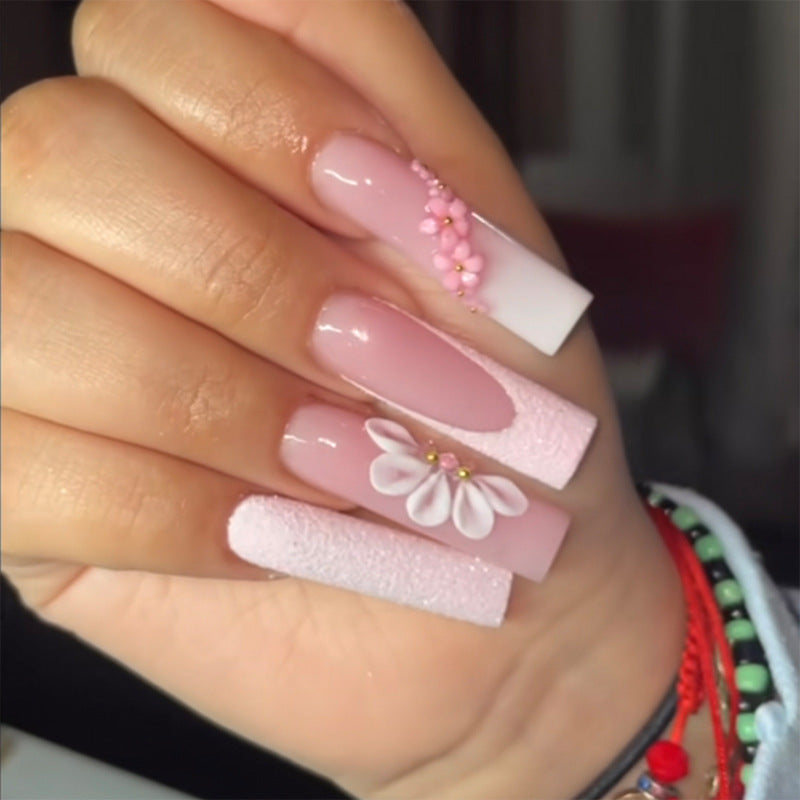 Blooming Elegance Long Square Pink Press On Nail Set with Floral Embellishments