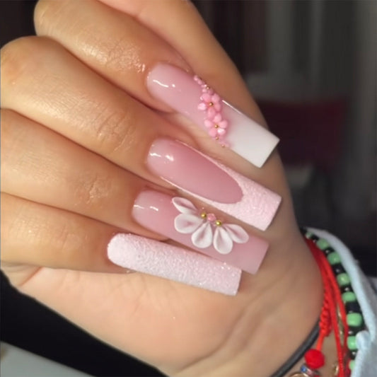 Blooming Elegance Long Square Pink Press On Nail Set with Floral Embellishments