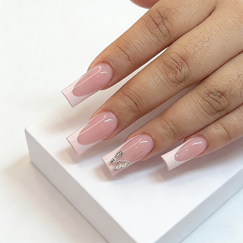 Whimsical Elegance Long Square Pink Glossy Nail Set with Stunning Butterfly Accent