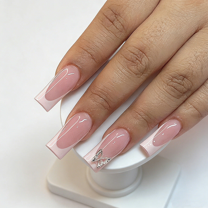 Whimsical Elegance Long Square Soft Pink Press On Nail Set with Glamorous Accent Feature