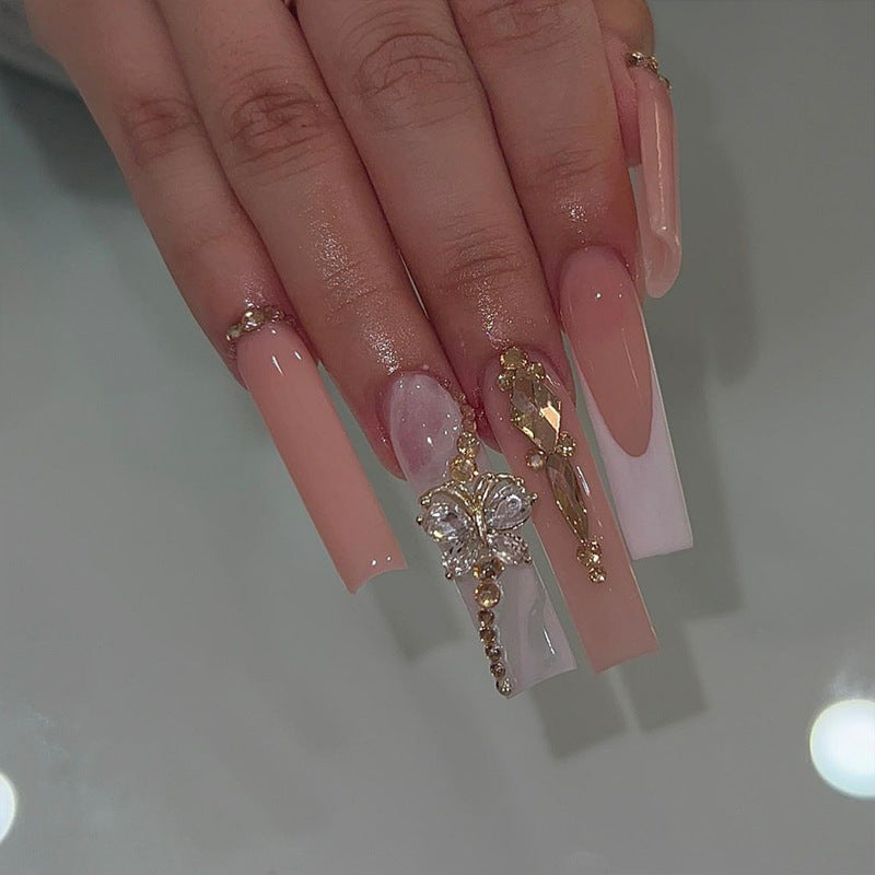 Elegant Enchantment Long Square Blush and Gold Glittering Design Press On Nail Set