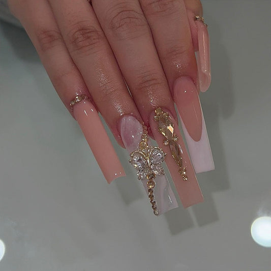 Elegant Enchantment Long Square Blush and Gold Glittering Design Press On Nail Set
