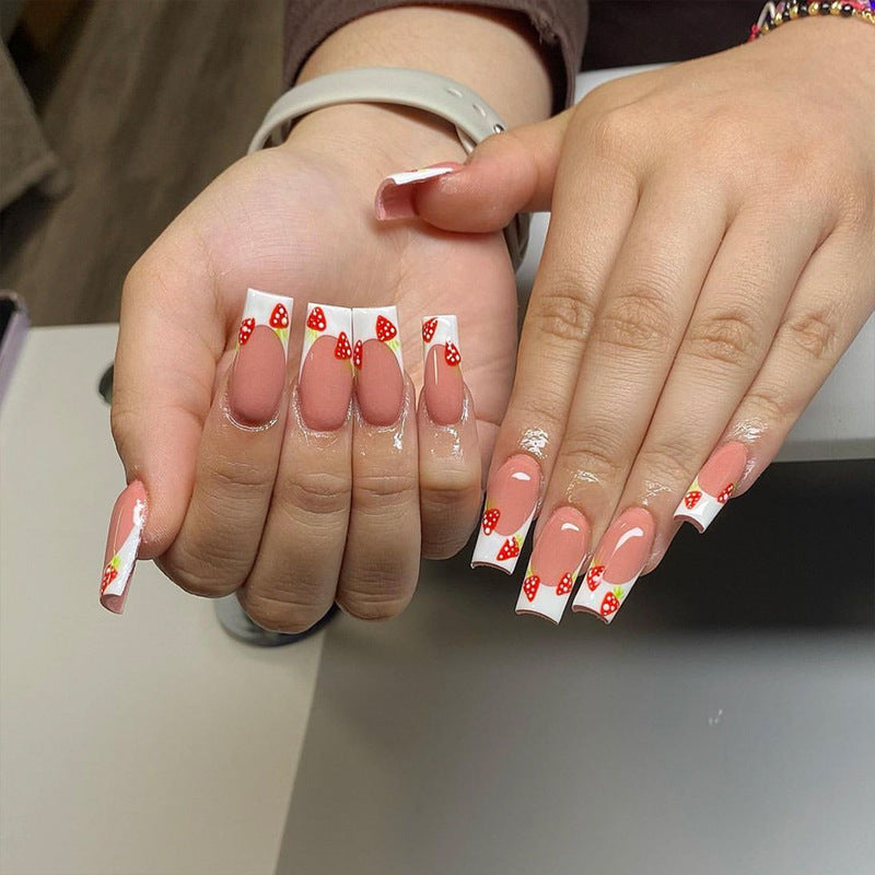 Sweet Strawberry Inspired Long Square Pink and White Nail Set with Fun Fruit Design