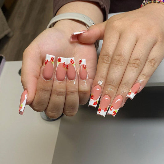 Sweet Strawberry Inspired Long Square Pink and White Nail Set with Fun Fruit Design