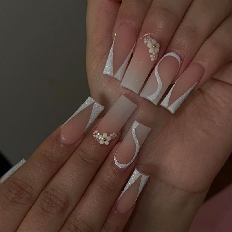 Floral Fantasy Long Square Ombre White with Glitter and Floral Embellishments Press-On Nail Set