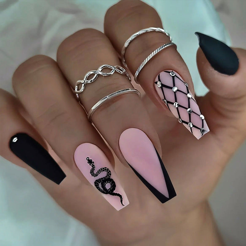 Mystical Luxe Long Coffin Pink and Black Nail Set with Intricate Snake Design