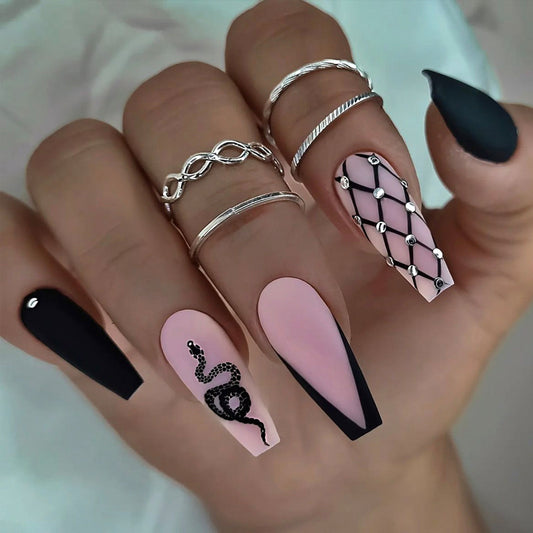 Mystical Luxe Long Coffin Pink and Black Nail Set with Intricate Snake Design