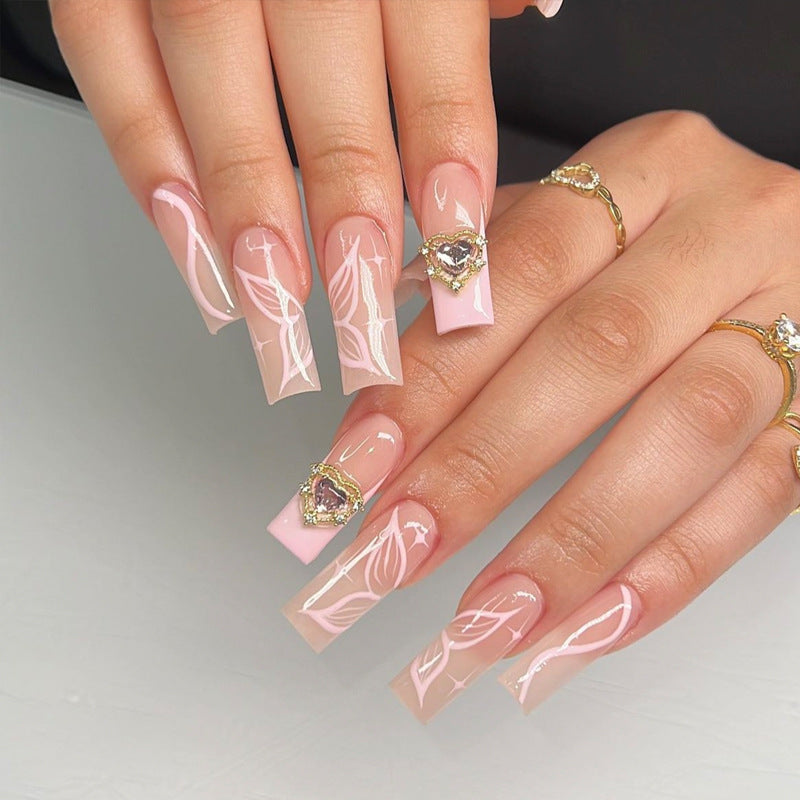 Floral Fantasy Long Square Pink Press On Nail Set with Elegant Heart Accents