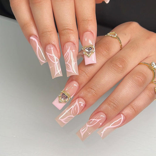 Floral Fantasy Long Square Pink Press On Nail Set with Elegant Heart Accents