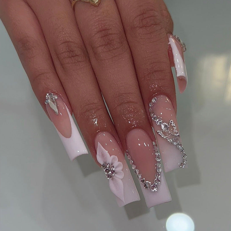 Elegant Garden Dream Long Square White with Floral and Crystal Accents Press On Nail Set