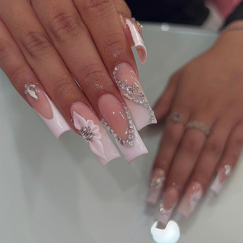 Elegant Floral Dreams Long Square Pink Press On Nail Set with Rhinestone Accents