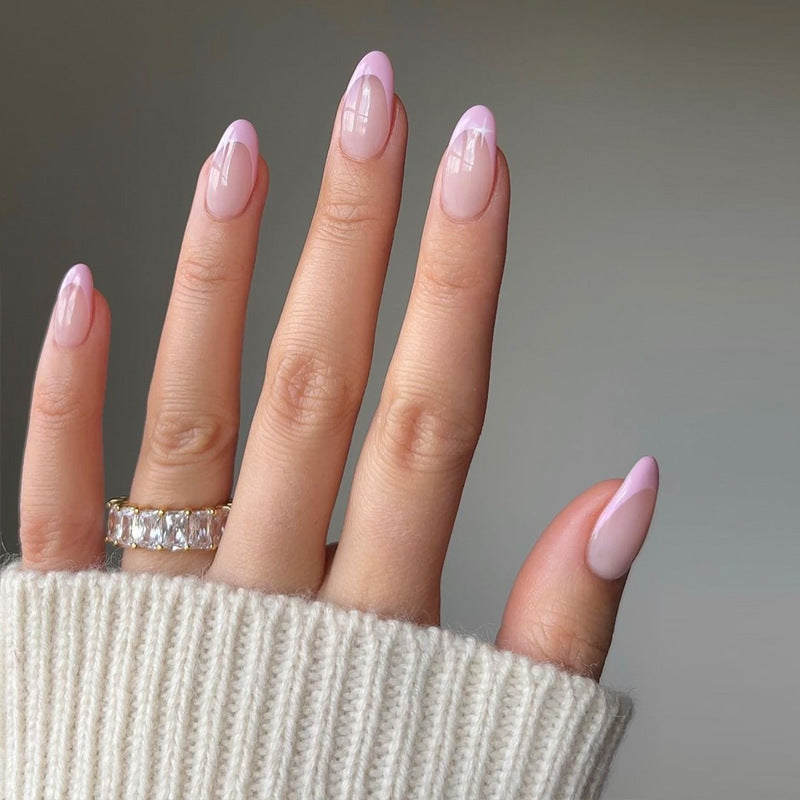 Chic Elegance Glossy Medium Almond Shaped Pale Pink Nail Set with Stylish French Tips