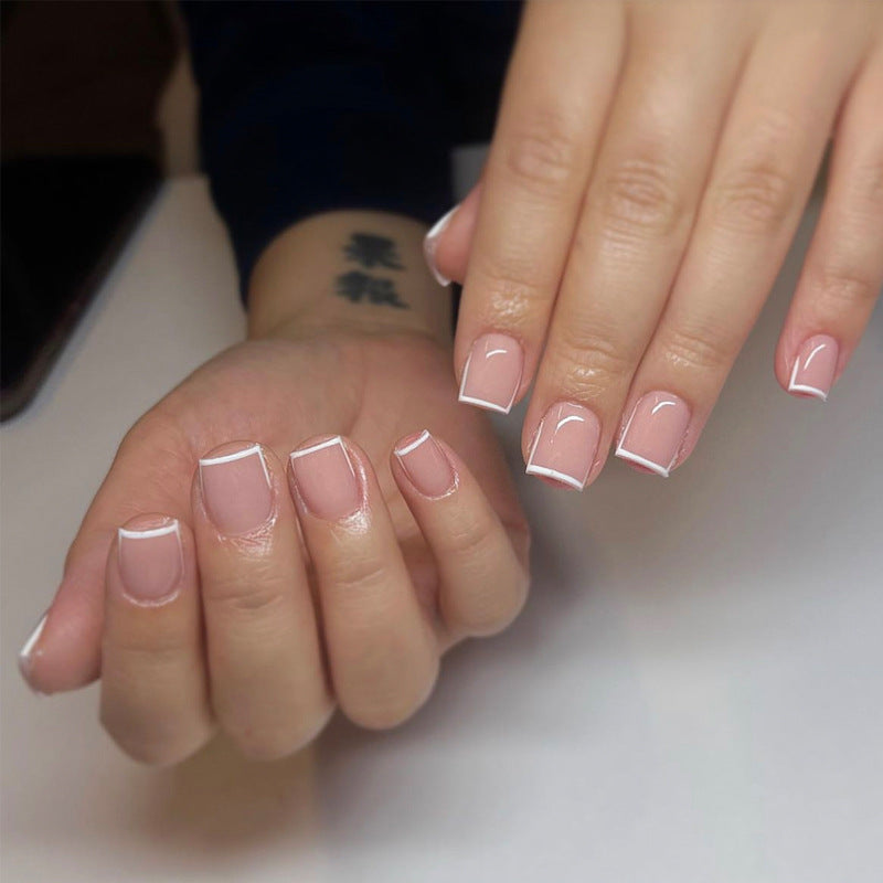 Elegant Pastel Short Square Press On Nails in Soft Pink with Chic White Tip Design