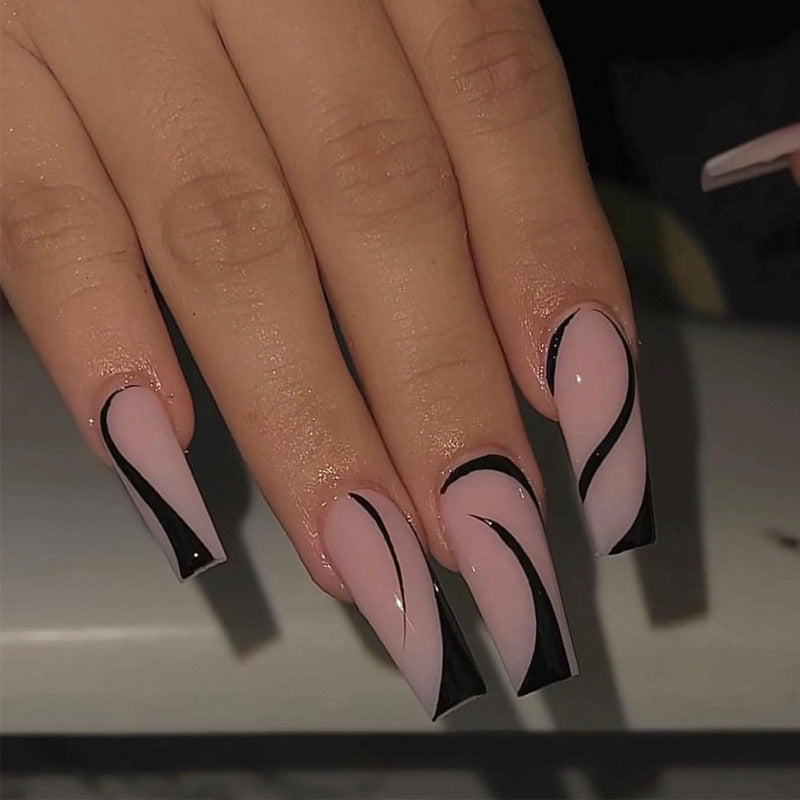 Chic Elegance Long Square Pink with Black Curved Accents Press On Nail Set