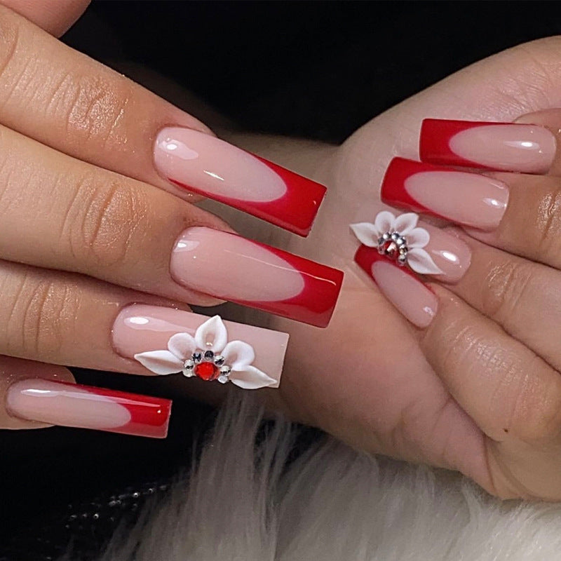 Spring Blossom Radiance Long Square Red Ombre with Floral Accent Press On Nail Set