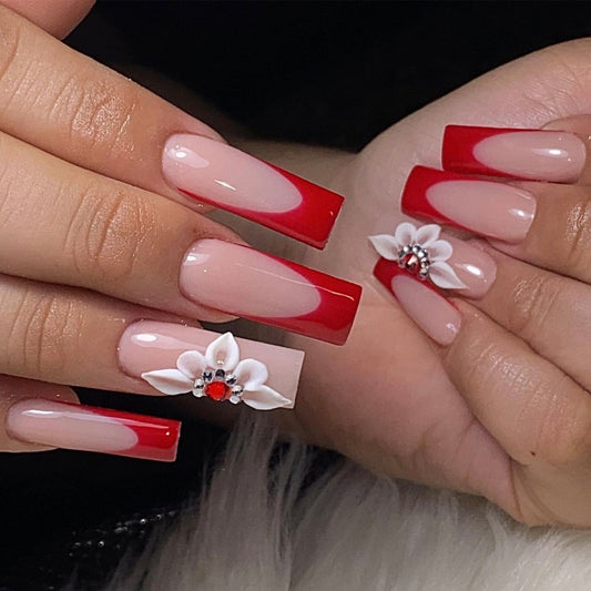 Spring Blossom Radiance Long Square Red Ombre with Floral Accent Press On Nail Set