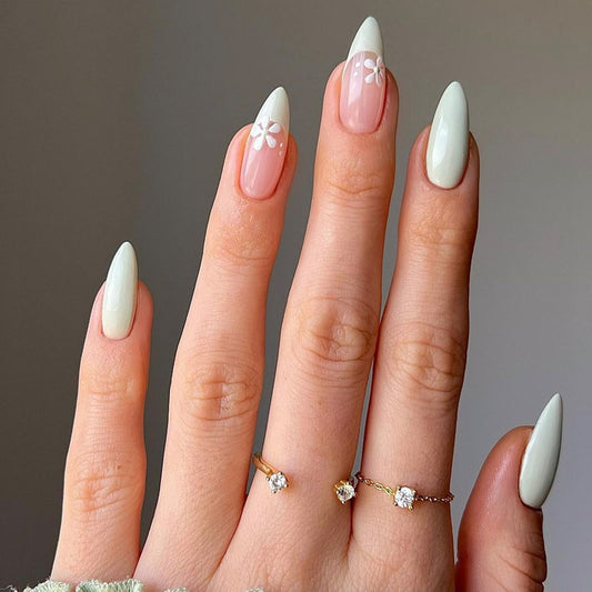 Blossoming Elegance Long Almond Mint Green Press On Nail Set with Delicate Floral Accents