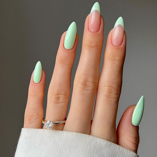 Enchanting Elegance Long Almond Mint Green Glossy Press On Nail Set with Chic French Tip Accent