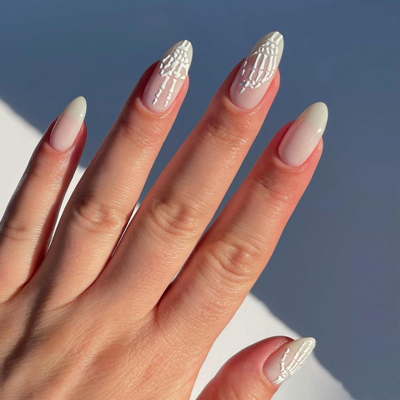 Elegant Frosted Medium Almond White Press On Nails with Intricate Detailing