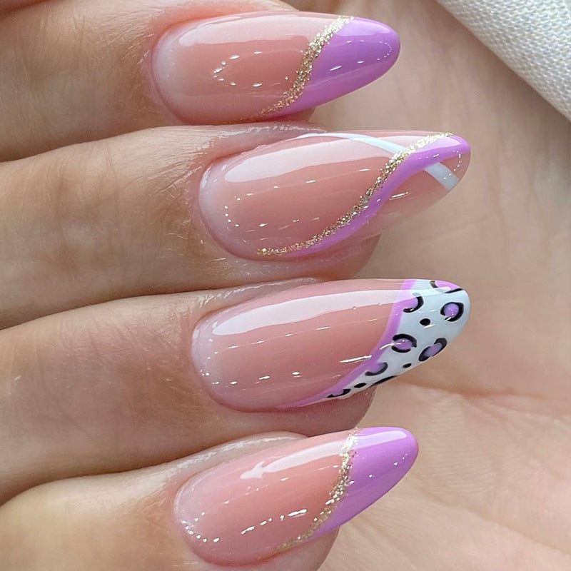 Wild Elegance Medium Almond Lavender Ombre with Gold Accents and Chic Animal Print Tips Press On Nail Set