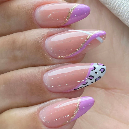 Wild Elegance Medium Almond Lavender Ombre with Gold Accents and Chic Animal Print Tips Press On Nail Set