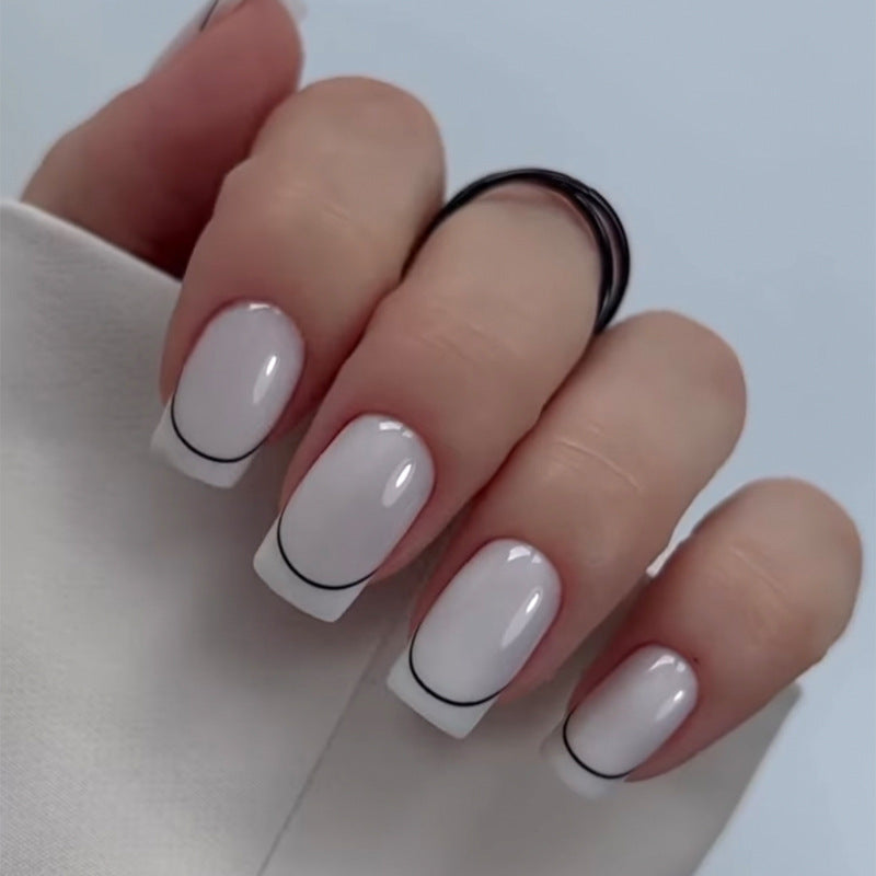Chic Serenity Elegant Short Square White Nails with Minimalist Black Outline