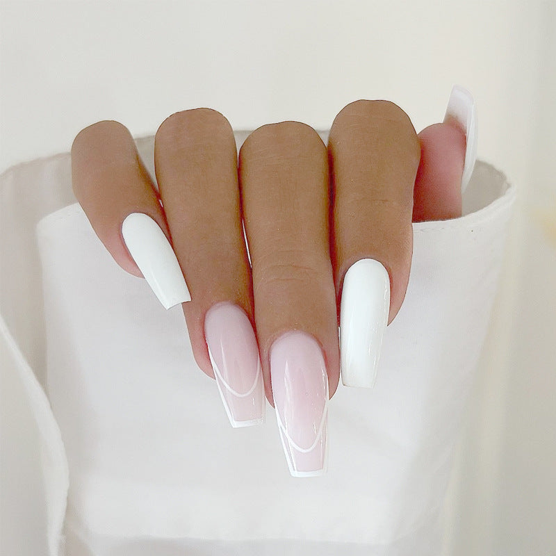 Chic Elegance Long Coffin White and Pink Ombre Press-On Nail Set with Glossy Finish