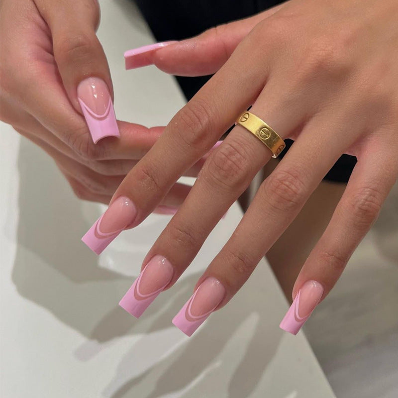 Chic Blush Long Square Pink Ombre Design with Elegant Swirl Features Press On Nail Set