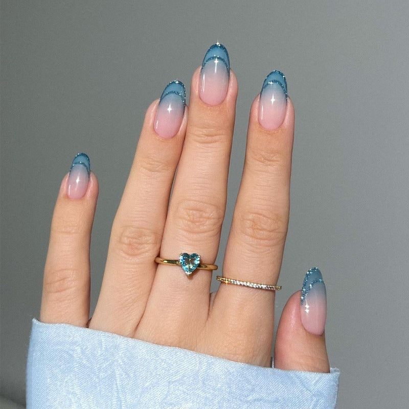 Enchanting Ocean Waves Medium Almond Shape Gradient Blue and Pink with Glittering Tips Press On Nail Set