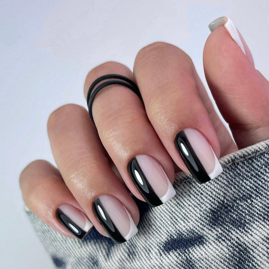 Chic Illusions Short Square Black and White Gradient Press-On Nail Set with Glossy Finish