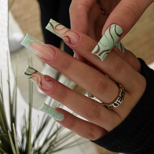 Tropical Breeze Long Square Mint Green Nail Set with Glitter and Swirl Design