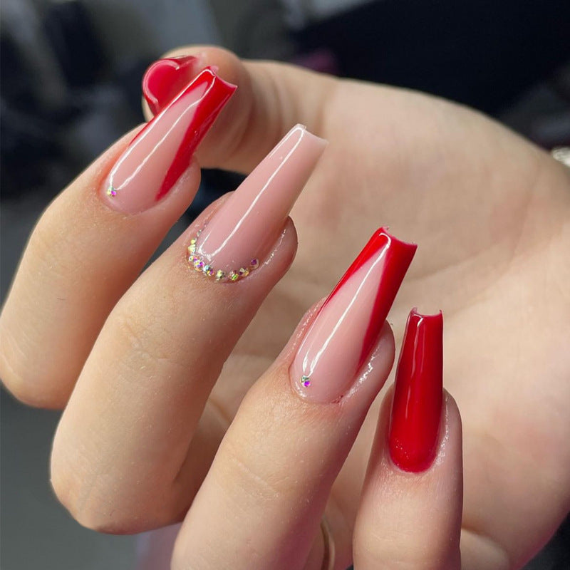 Chic Romance Long Coffin Natural Pink and Bold Red Press On Nail Set with Sparkling Rhinestone Accent