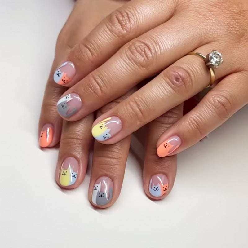 Whimsical Cat Paradise Short Squoval Multi-Colored Cat Design Press-On Nail Set