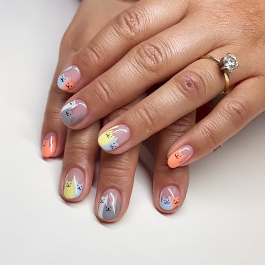 Whimsical Cat Paradise Short Squoval Multi-Colored Cat Design Press-On Nail Set