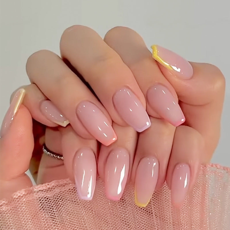 Dreamy Pastel Medium Coffin Shape Soft Pink Color with Eye-Catching Yellow Accents Press On Nail Set