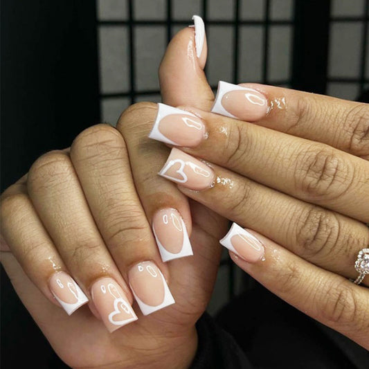 Chic Romance Medium Square Beige and White Heart Accent Press On Nail Set