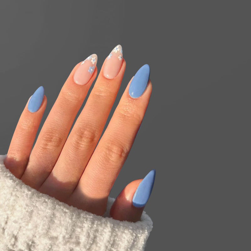 Whimsical Garden Dream Medium Almond Shaped Blue and Soft Pink Floral Press on Nail Set