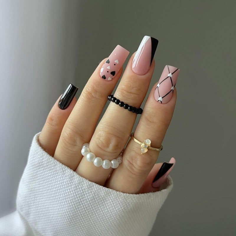 Chic Elegance Medium Square Pink and Black Dual Tone Design with Trendy Geometric Patterns Press On Nail Set