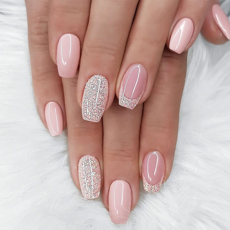 Glamorous Elegance Medium Coffin Blush Pink with Sparkling Glitter Accent Press on Nail Set