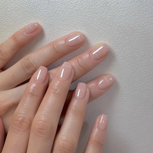 Elegant Blossom Short Square Beige Press On Nail Set with Sleek Glossy Finish
