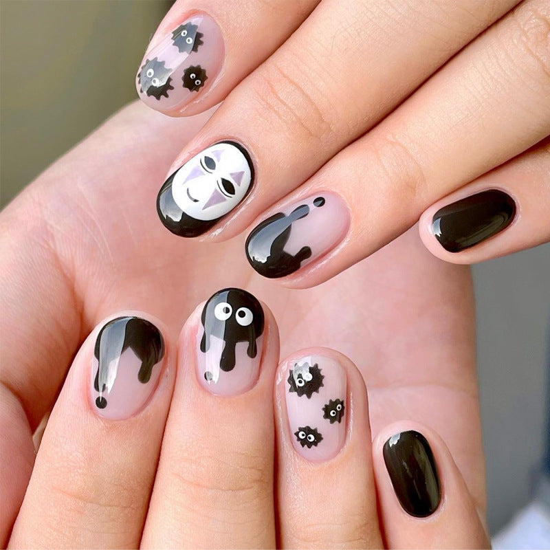 Spooky Chic Short Oval Black and Clear Press On Nail Set with Whimsical Ghost Designs