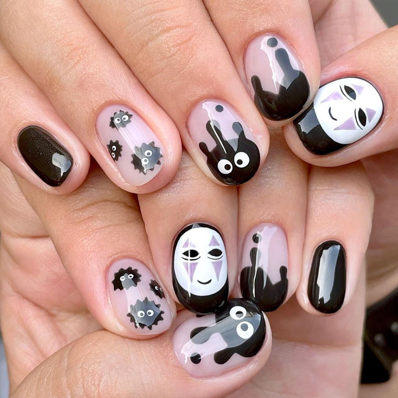 Spooky Charm Short Round Black and Clear Nail Set with Playful Ghost and Monster Designs