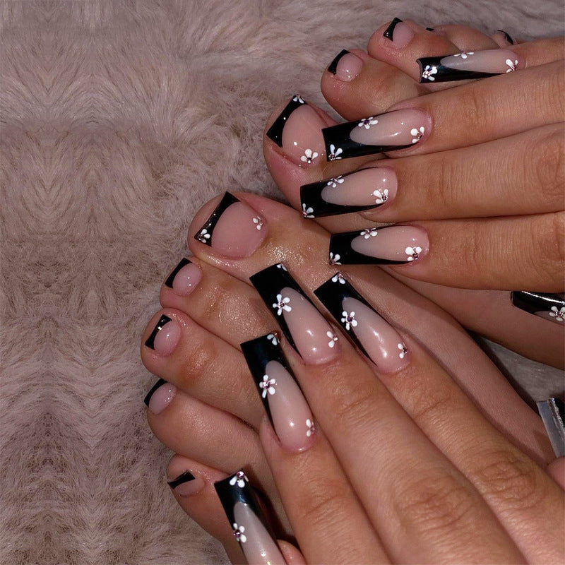 Elegant Floral Dreams Long Square Black and Beige Press-On Nail Set with Delicate White Flower Accents
