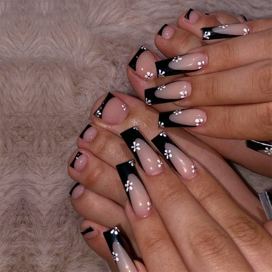 Elegant Floral Dreams Long Square Black and Beige Press-On Nail Set with Delicate White Flower Accents