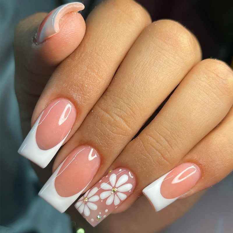 Blossoming Elegance Medium Square Pink with Floral Accents Press on Nail Set