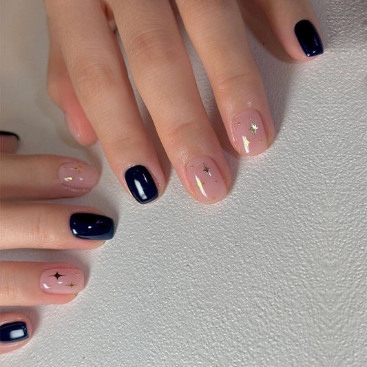 Celestial Dream Chic Short Square Elegant Navy and Pink with Gold Star Accents Nail Set