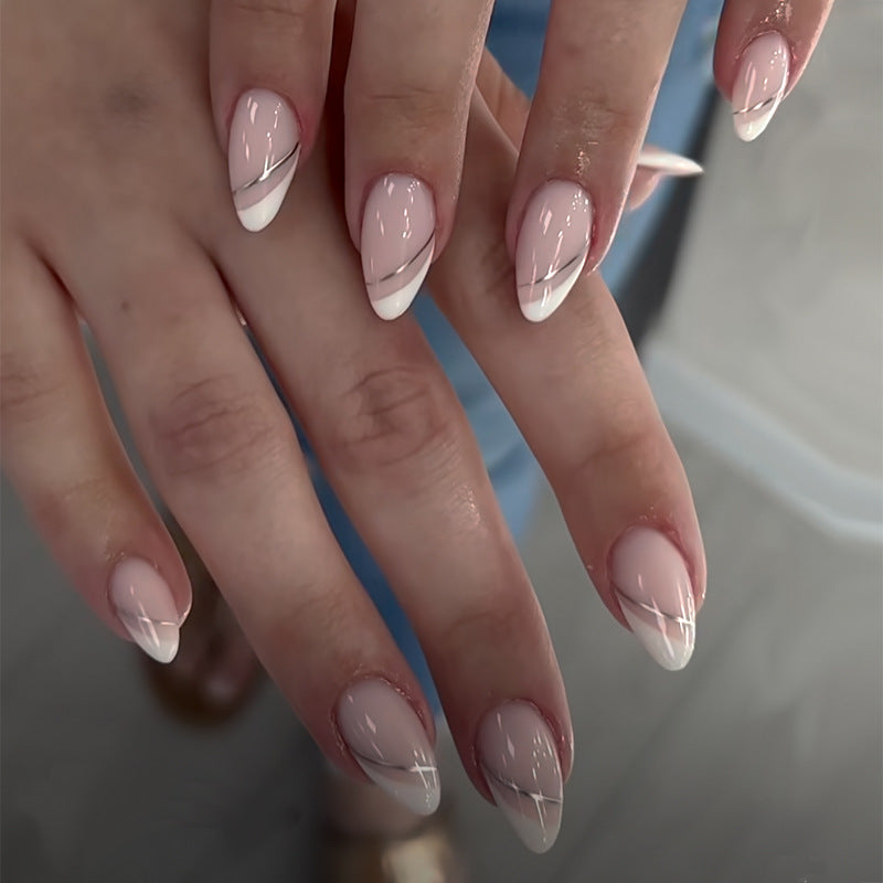 Chic Elegance Medium Almond Beige Pink Press-On Nail Set with Glossy Finish and Stylish Silver Stripes