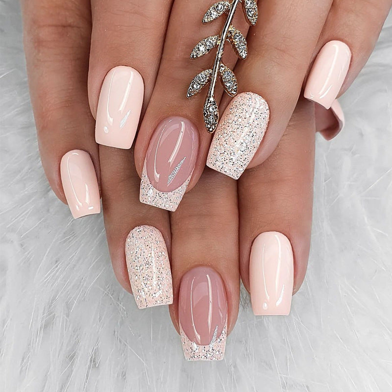 Glamorous Dreamy Short Square False Nails in Soft Pink with Sparkling Glitter Accent