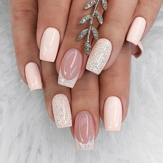 Glamorous Dreamy Short Square False Nails in Soft Pink with Sparkling Glitter Accent